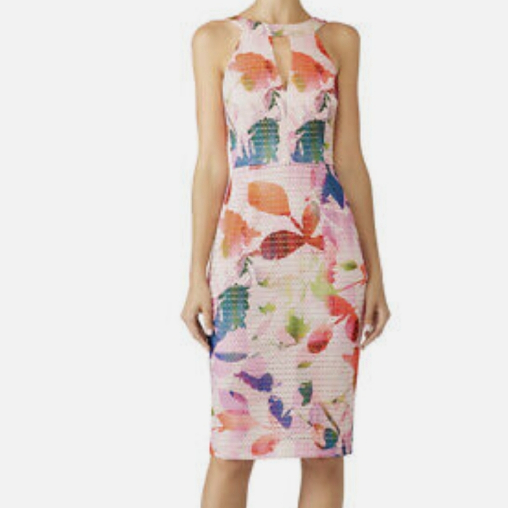 Trina Turk Sylvie Dress Sz 4 Pink Multi Color Floral Keyhole Sheath